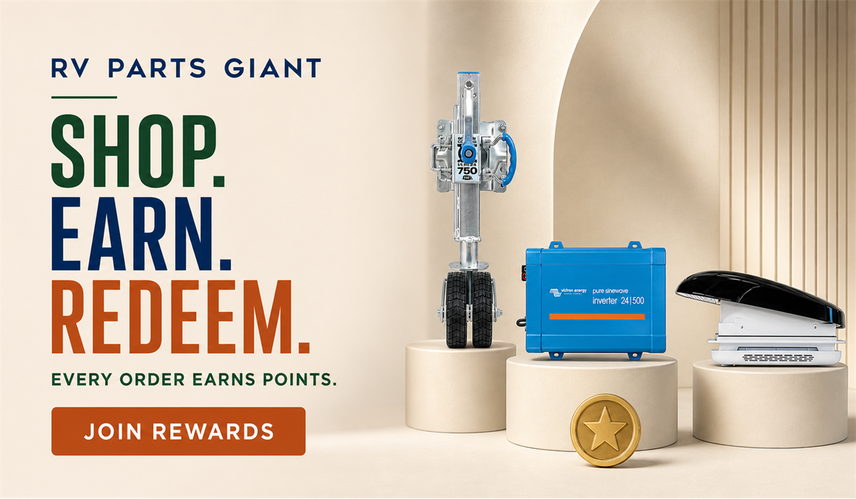 RV Parts Giant rewards: shop, earn, redeem — every order earns points. Shown with an ARK XO750 trailer jack, a Victron 24/500 pure sine wave inverter and an RV roof vent fan.