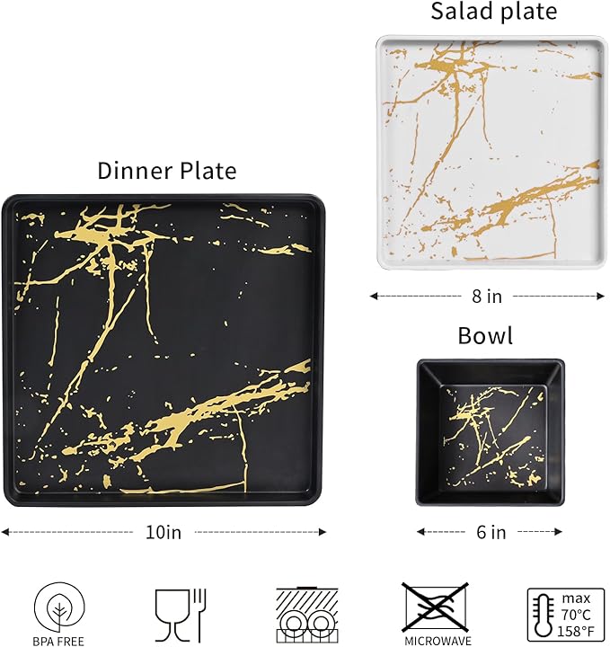 Square Melamine Dinnerware Set 12-Piece Black & White BPA Free