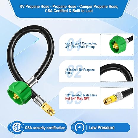 2 Pack 15" RV Propane Hose with 1/4" Inverted Male Flare & Qcc1/Typel,Propane Hose-Camper Propane Hose for RV Two-Stage Regulator,Propane Tank Hose for BBQ,Outdoor Cooking,Camping etc, 350PSI.
