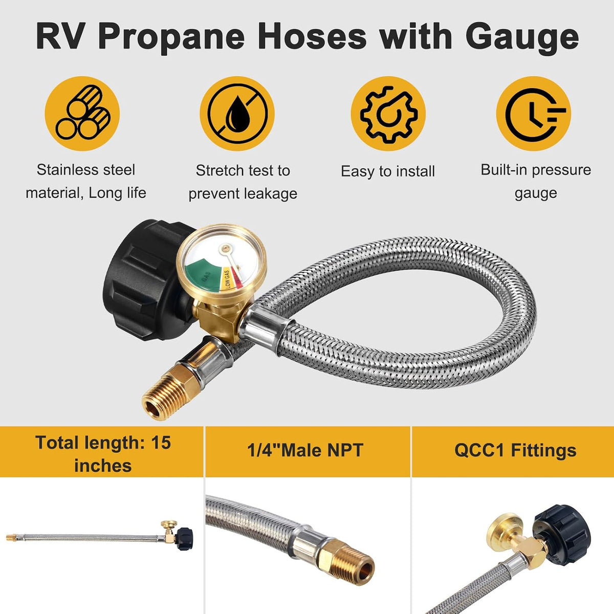 RV propane pigtail hoses with gauge 2-pack