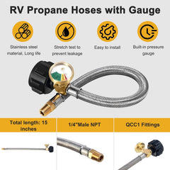 RV propane pigtail hoses with gauge 2-pack