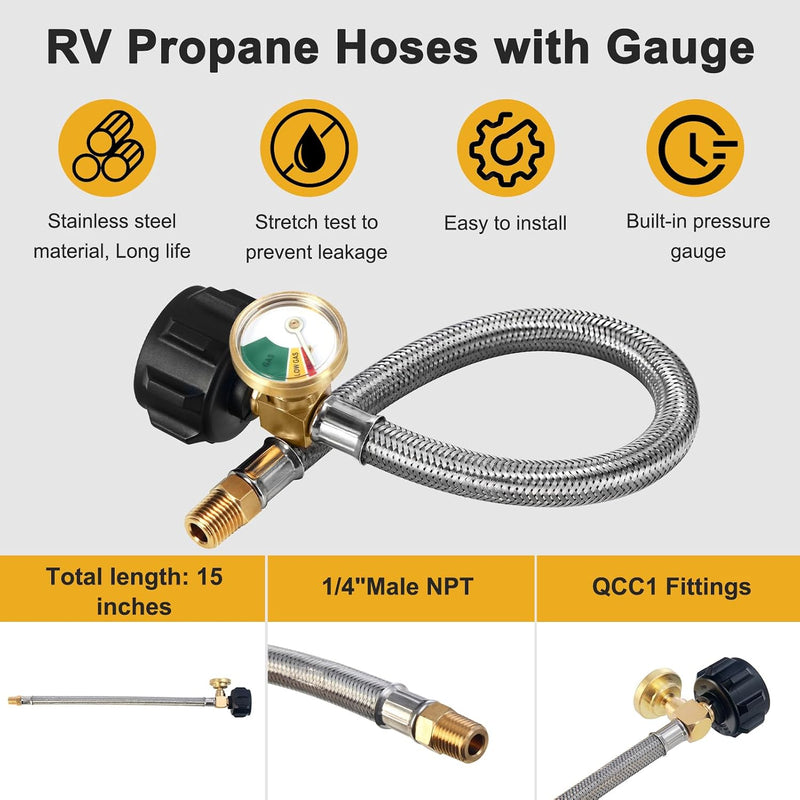 RV propane pigtail hoses with gauge 2-pack