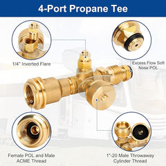 Propane Brass Tee 4-Port Adapter Kit 5ft & 12ft Hoses RV