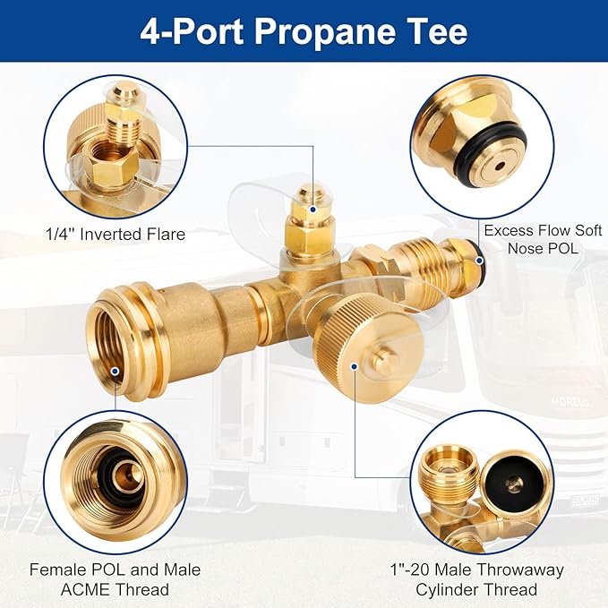 Propane Brass Tee 4-Port Adapter Kit 5ft & 12ft Hoses RV