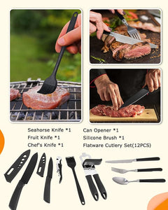 Camping Utensil & Cooking Set Stainless Steel & Silicone