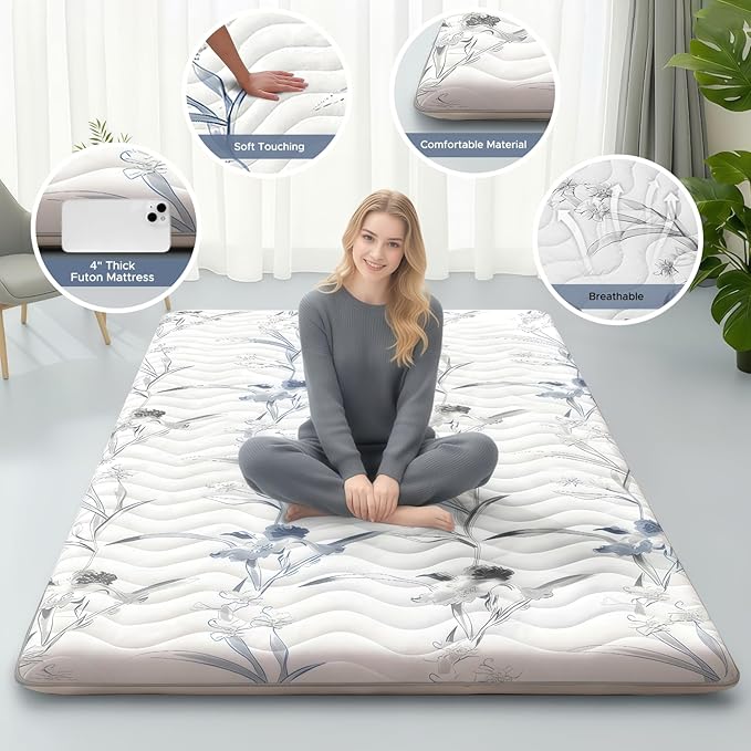 3.5" Futon Japanese Floor Mattress Floral Twin White