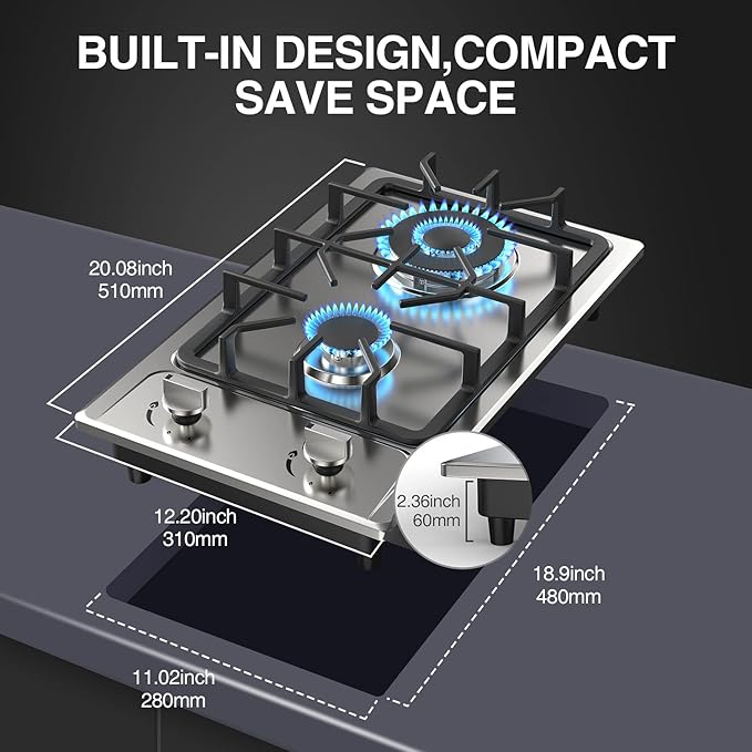2-Burner Propane Cooktop 12" Built-In Dual Fuel LPG/NG