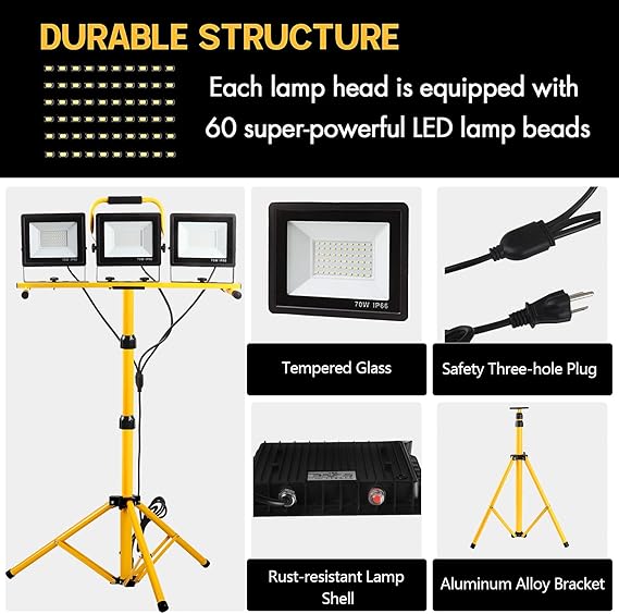22000 Lumen Work Lights with Stand, 3 Head Portable LED Work Light, with Adjustable&Foldable Tripod Stand, IP66 Waterproof Lamp for Outdoor Indoor Job Site Workshop Garage Construction Site Lighting