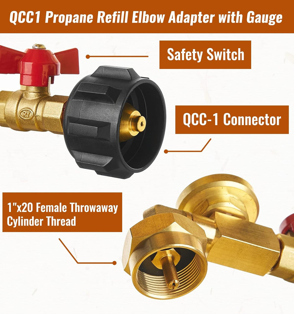 Propane refill adapter with valve and gauge