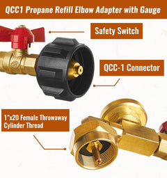 Propane refill adapter with valve and gauge