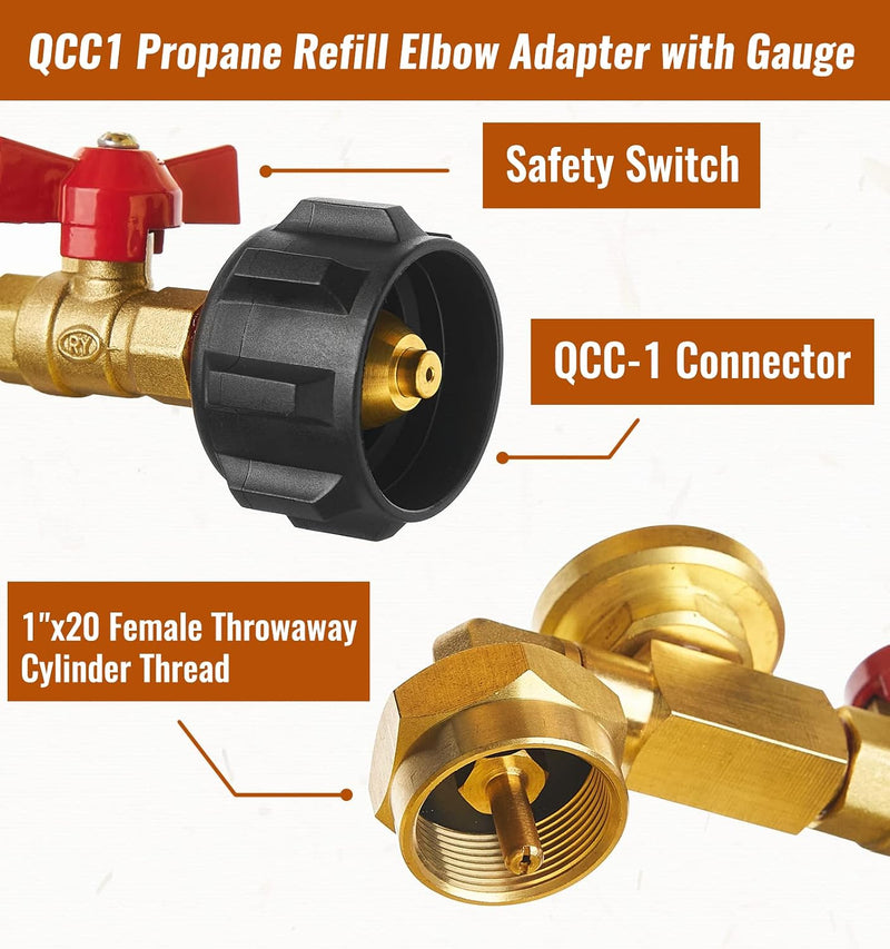 Propane refill adapter with valve and gauge