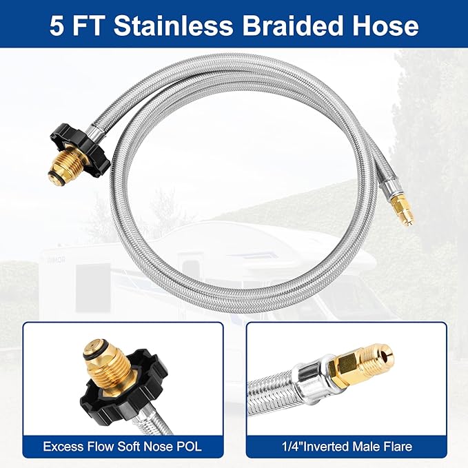 Propane Brass Tee 4-Port Adapter Kit 5ft & 12ft Hoses RV