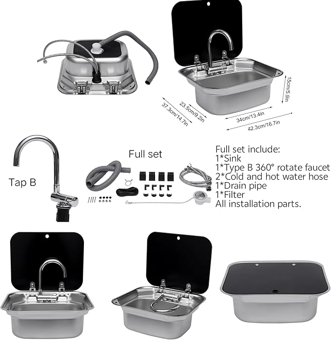 Folding RV Sink & Faucet Combo 15x17" 304 Stainless