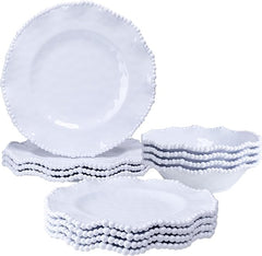 White Beaded Melamine Dinnerware Set 12-Piece Farmhouse