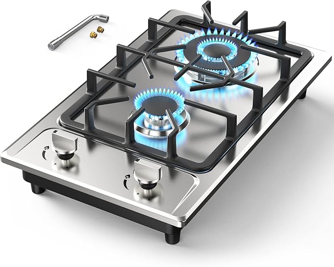 2-Burner Propane Cooktop 12" Built-In Dual Fuel LPG/NG
