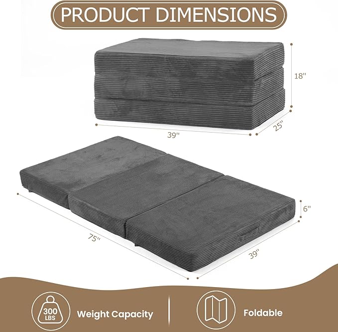 6" Tri-Fold Mattress Twin Foldable Futon Sofa Bed