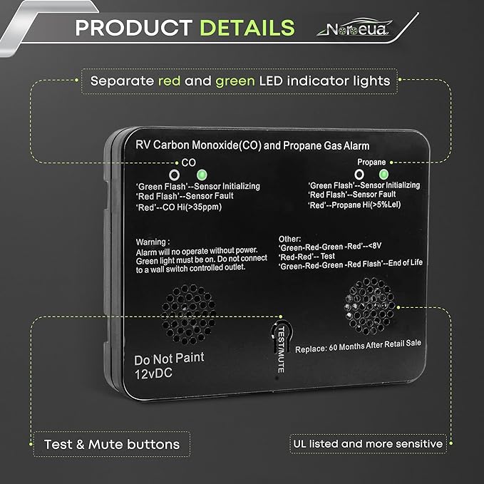 RV Carbon Monoxide/Propane Gas Detector, Dual LP/CO Alarm with LED Light, 100dB Loud, 12VDC, Black