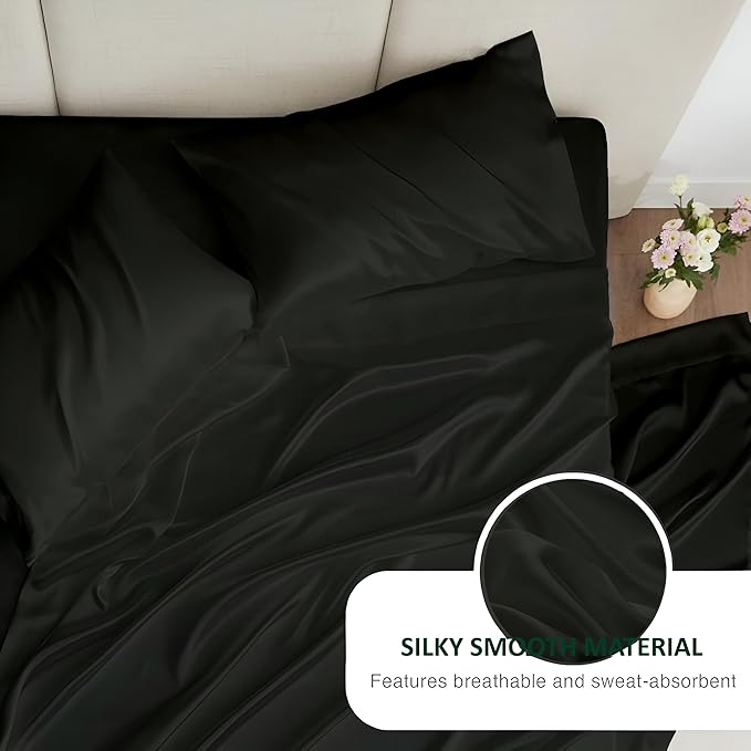 RV King Silk Satin Sheet Set 4-Piece Deep Pocket Black