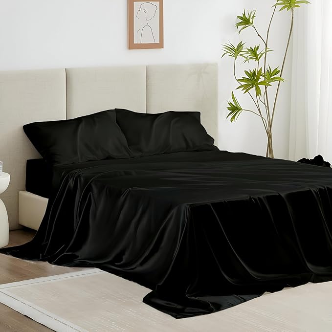 RV King Silk Satin Sheet Set 4-Piece Deep Pocket Black