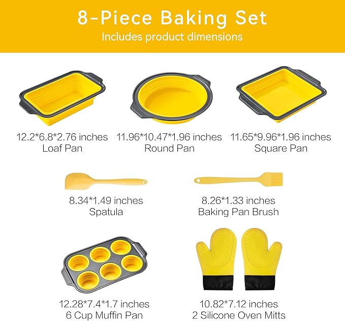 8-Piece Silicone Nonstick Bakeware Set with Oven Mitts Yellow