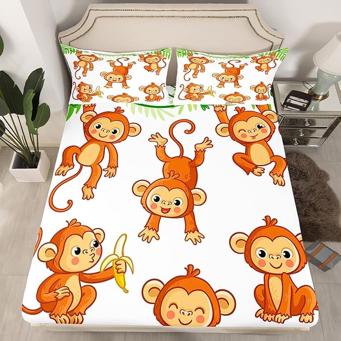 Kids Monkey Full Sheet Set 3-Piece Cartoon Bedding