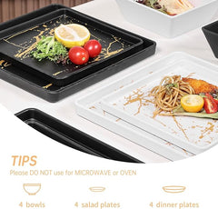 Square Melamine Dinnerware Set 12-Piece Black & White BPA Free