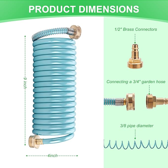 RV External Shower 15ft Coil Hose 1/2" QC Adapter