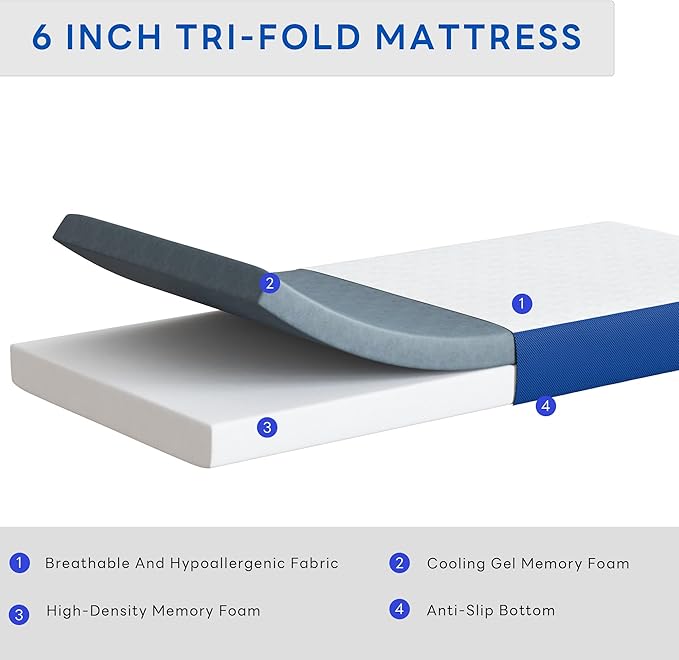 6" Tri-Fold Memory Foam Mattress Queen CertiPUR-US