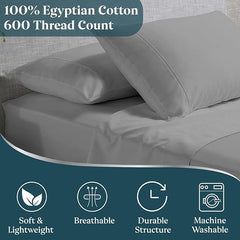 RV King Sheet Set 4-Piece 100% Cotton 600TC 72x80 Light Grey