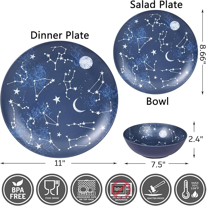 Melamine Dinnerware Set 12-Piece Starry Pattern Dark Blue