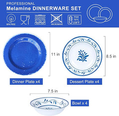Melamine Dinnerware Set 12-Piece Lightweight Dishwasher Safe Blue