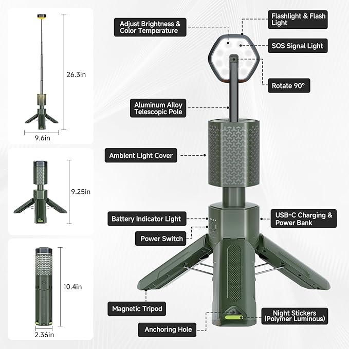 Telescopic Camping Lantern 10500mAh Rechargeable Magnetic Green