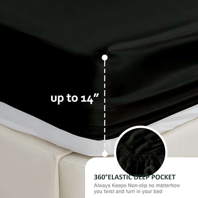 RV King Silk Satin Sheet Set 4-Piece Deep Pocket Black