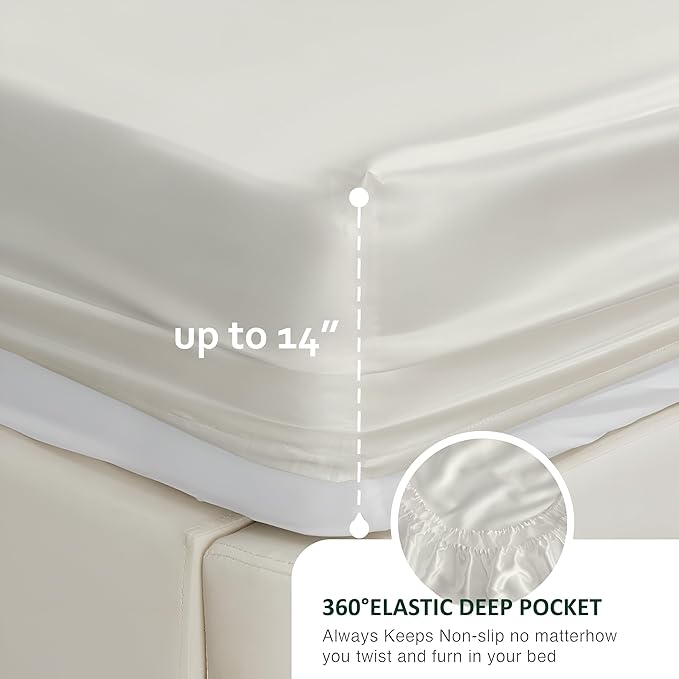 Silk Satin Short Queen Sheet Set 4-Piece Deep Pocket Ivory