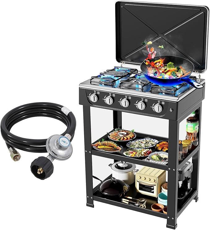 Propane Gas Stove,5 Burner Propane Burner,Auto Ignition Camping Stove with Support Leg Stand and Wind Blocking Cover Adapter, Portable Gas Stove for RV, Outdoor Cooking, Apartment