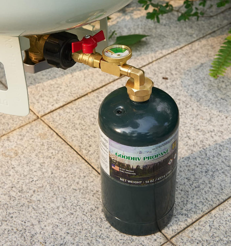 Propane refill adapter with valve and gauge