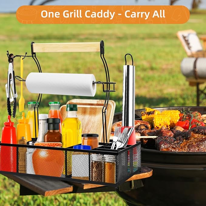 BBQ Grill Caddy Organizer 2 Paper Towel Holders 8 Compartments