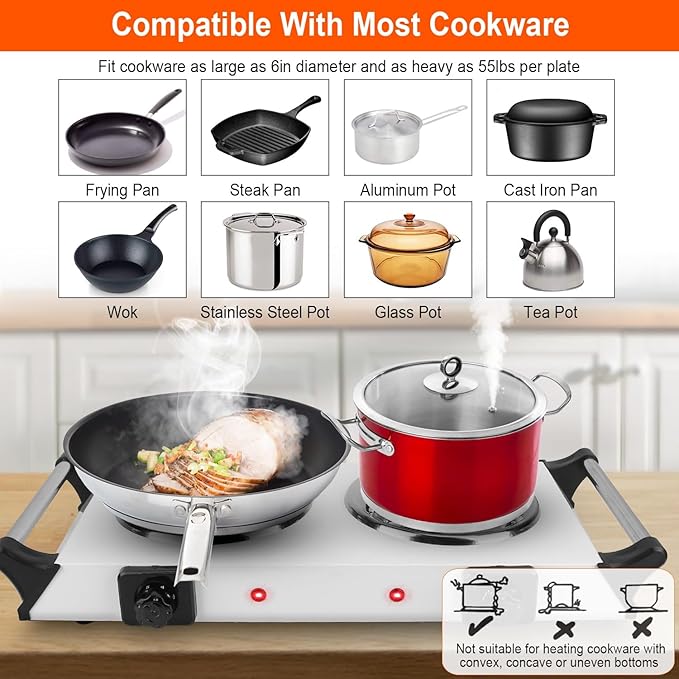 Portable Hot Plate 2000W Double Coil Burner 5-Level Temp