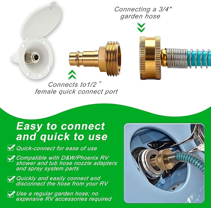 RV External Shower 15ft Coil Hose 1/2" QC Adapter