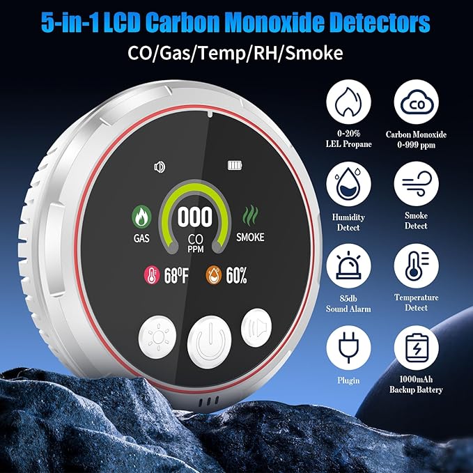 5-in-1 CO Smoke & Gas Leak Detector Plug-In