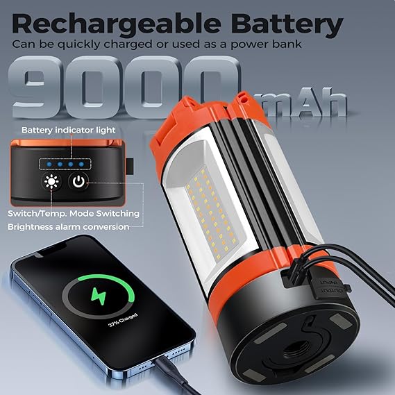 Rechargeable 12000mAh Camping Light with Adjustable Stand, Cordless Work Light with 3 LED Lamp Heads, 2200 Lumens Dimmable Magnetic Emergency Flashlight with Detachable Tripod, Orange