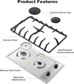2-Burner Gas Cooktop 12" NG/LPG Convertible Stainless Built-In