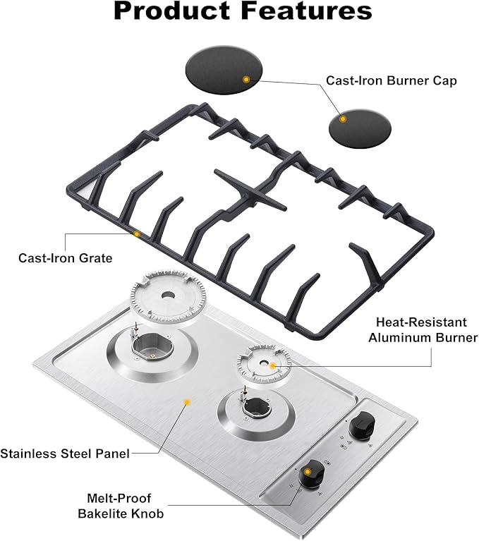 2-Burner Gas Cooktop 12" NG/LPG Convertible Stainless Built-In