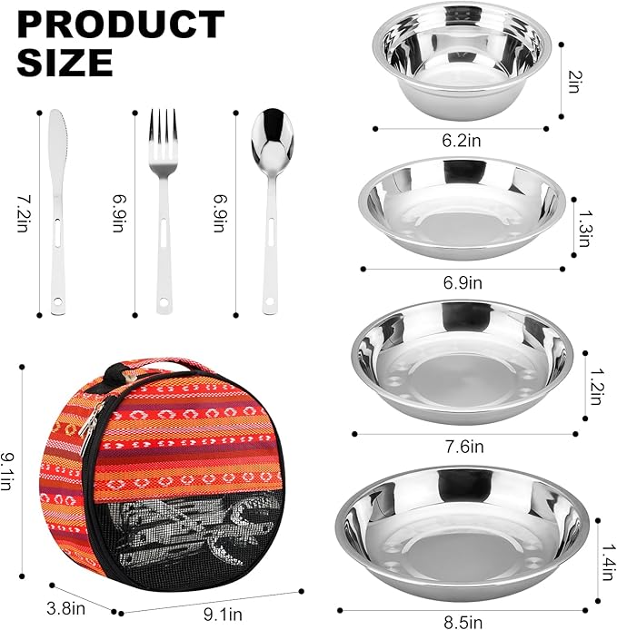 Camping Mess Kit 28-Piece Dinnerware Set Plates Bowls Utensils