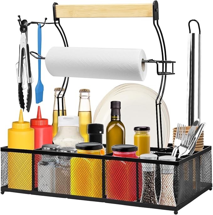 BBQ Grill Caddy Organizer 2 Paper Towel Holders 8 Compartments