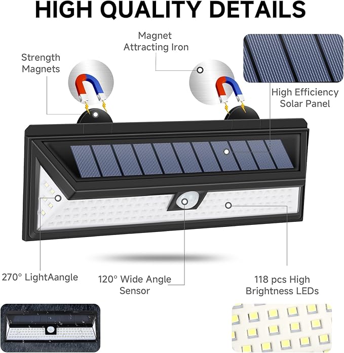 Magnetic Solar RV Light 118 LED Motion Sensor