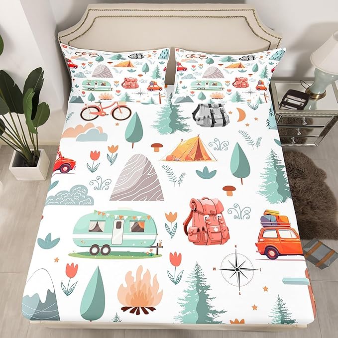 Kids Camper Themed Sheet Set Full 4-Piece Camping Decor