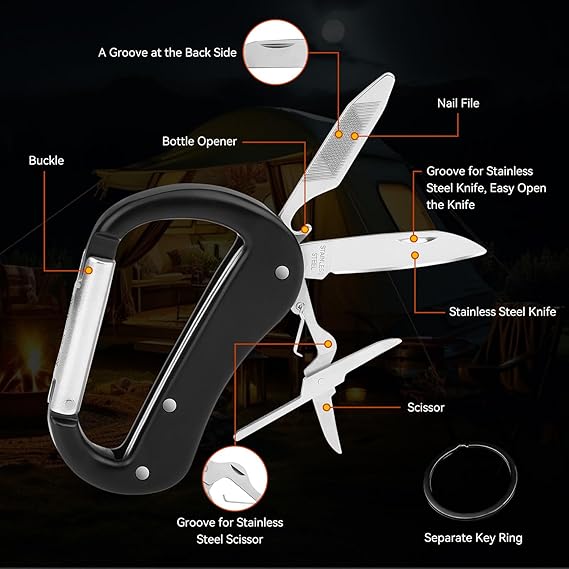 Multitool Carabiner with Pocket Knife, Stocking Stuffers Gifts for Men,Bottle Opener,Nail file,Small Scissors,EDC Carabiners Keychain,Survival Gear for Camping Hiking（Black)