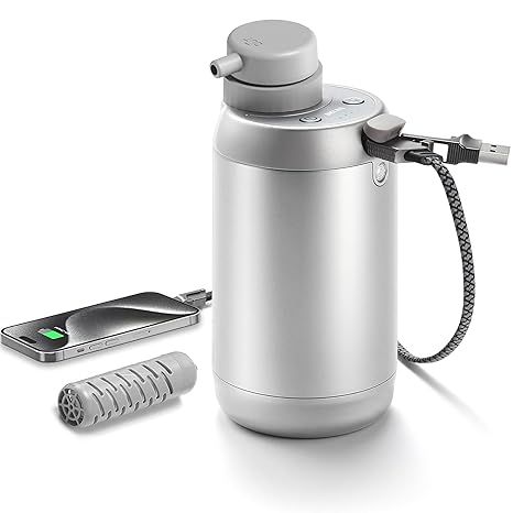 Upgraded Electric Water Filter Camping - 6-Stage Water Filtration System, Phone Charger, 4-in-1 Charging Cable, Hiking Water Filter Backpacking, Water Purifier Survival, Emergency Light (Silver)