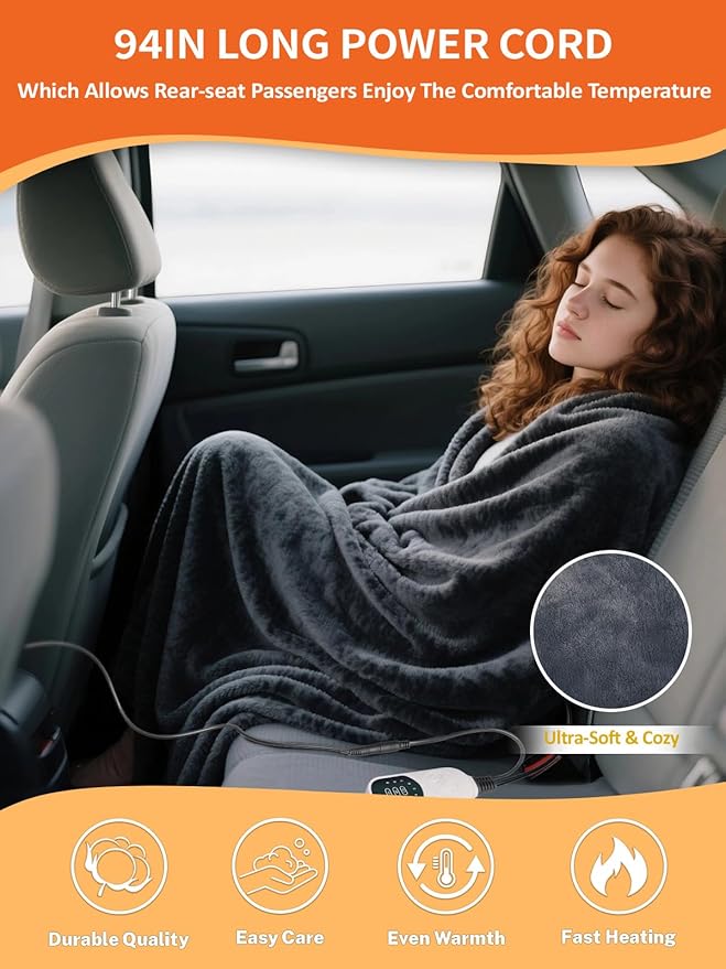 12V Heated Car/RV Blanket 59"x39" Flannel